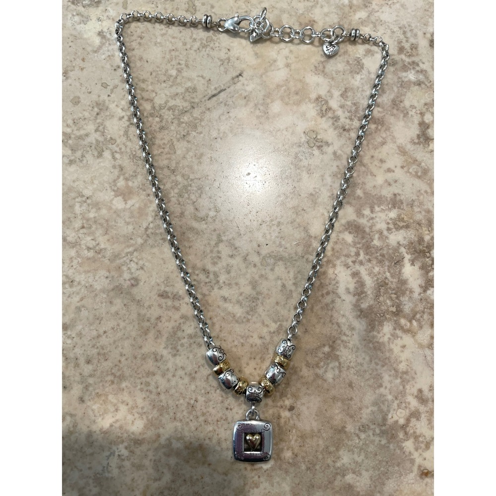 Brighton Two Tone Silver Gold Heart Square Pendant Scroll Bead Rolo Necklace - Picture 4 of 4